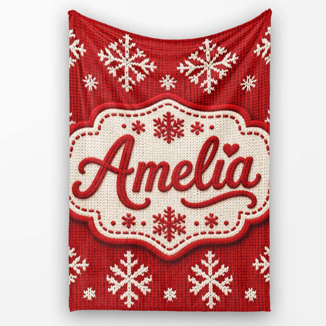 Cute Red Knitted Christmas Tree Snowflake Nordic Fair Isle Seamless  Personalised Custom Name Super Soft Fleece Blanket Bed Sofa Throw