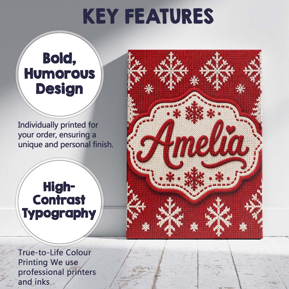 Personalised Name Cute Red Knitted Christmas Custom Bespoke  Contemporary Display Canvas Wall Art Print Decor Picture Ready to Hang