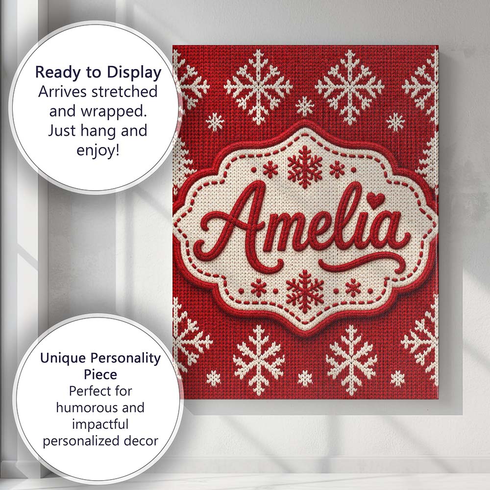 Personalised Name Cute Red Knitted Christmas Custom Bespoke  Contemporary Display Canvas Wall Art Print Decor Picture Ready to Hang