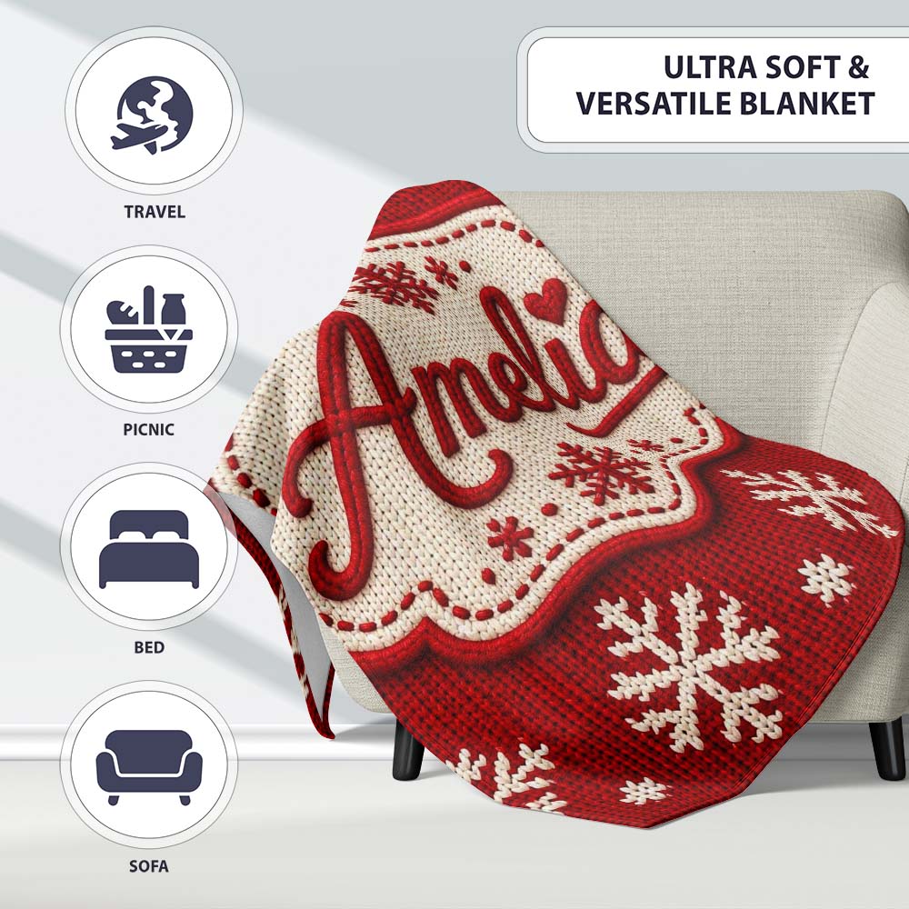 Cute Red Knitted Christmas Tree Snowflake Nordic Fair Isle Seamless  Personalised Custom Name Super Soft Fleece Blanket Bed Sofa Throw