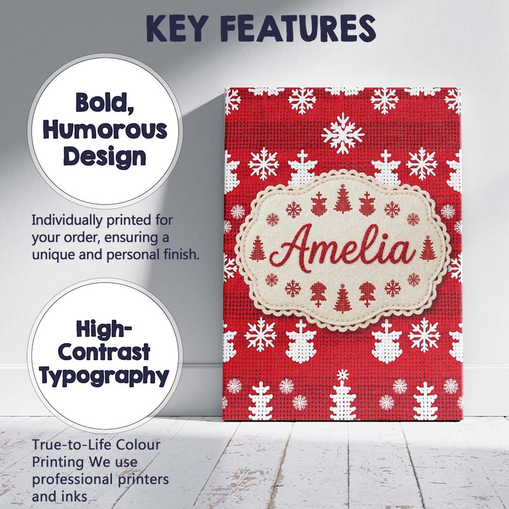 Personalised Name Cute Red Knitted Christmas Custom Bespoke  Contemporary Display Canvas Wall Art Print Decor Picture Ready to Hang