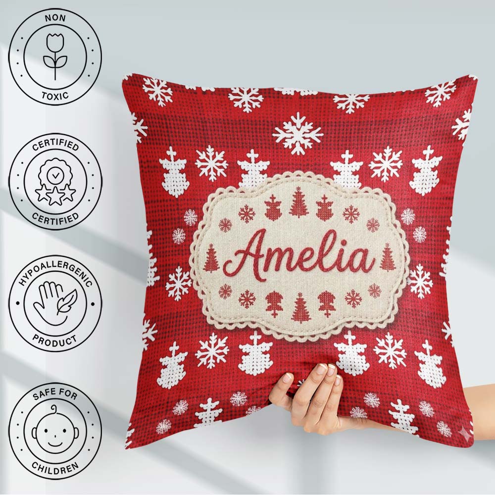 Custom Name Red Knitted Christmas Tree Snowflake Nordic Seamless Square Filled Cushion Throw Pillow Sofa Bed Home Decor Zip Washable UK Made