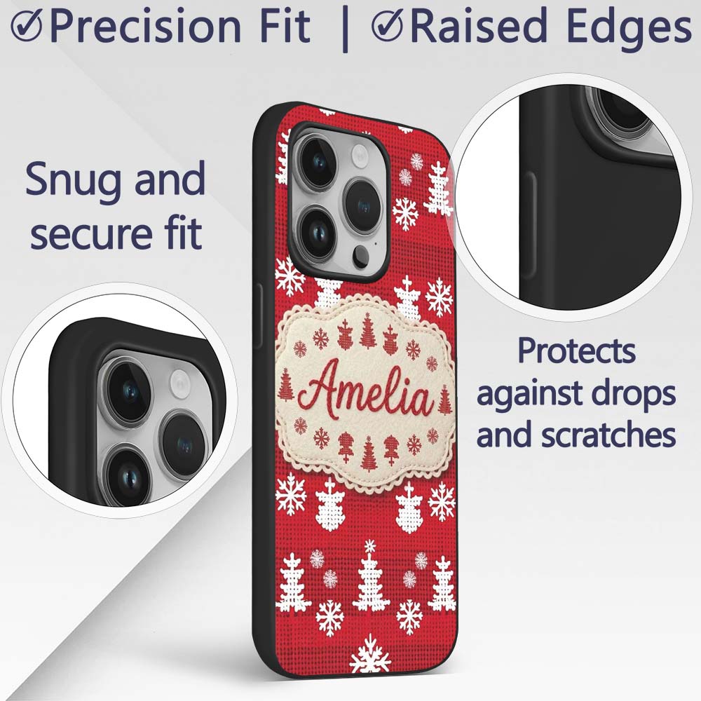 Cute Red Knitted Christmas Tree Snowflake Nordic Custom Name Protective Phone Case Mobile Cover Durable Everyday Smartphone Shock Resistant