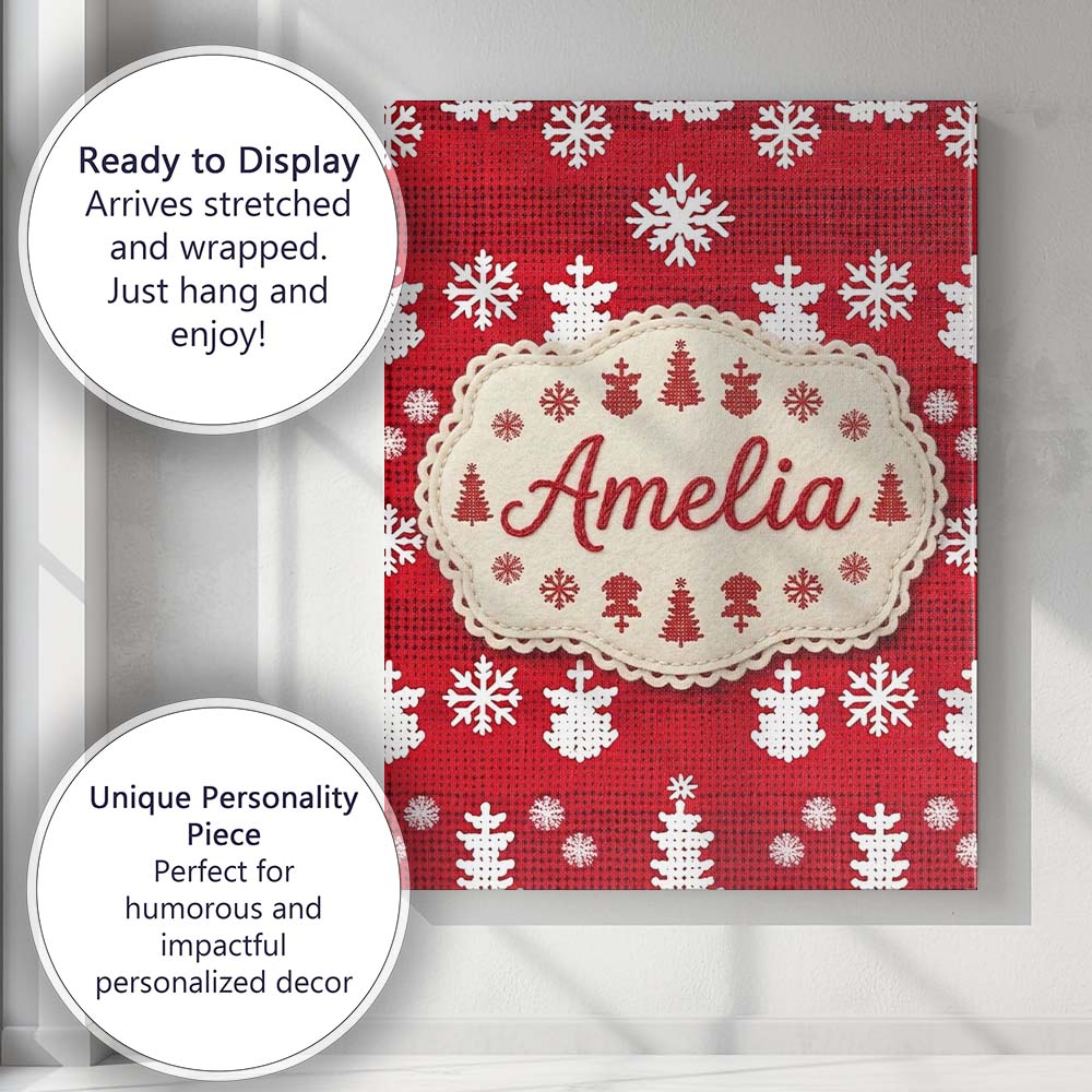 Personalised Name Cute Red Knitted Christmas Custom Bespoke  Contemporary Display Canvas Wall Art Print Decor Picture Ready to Hang