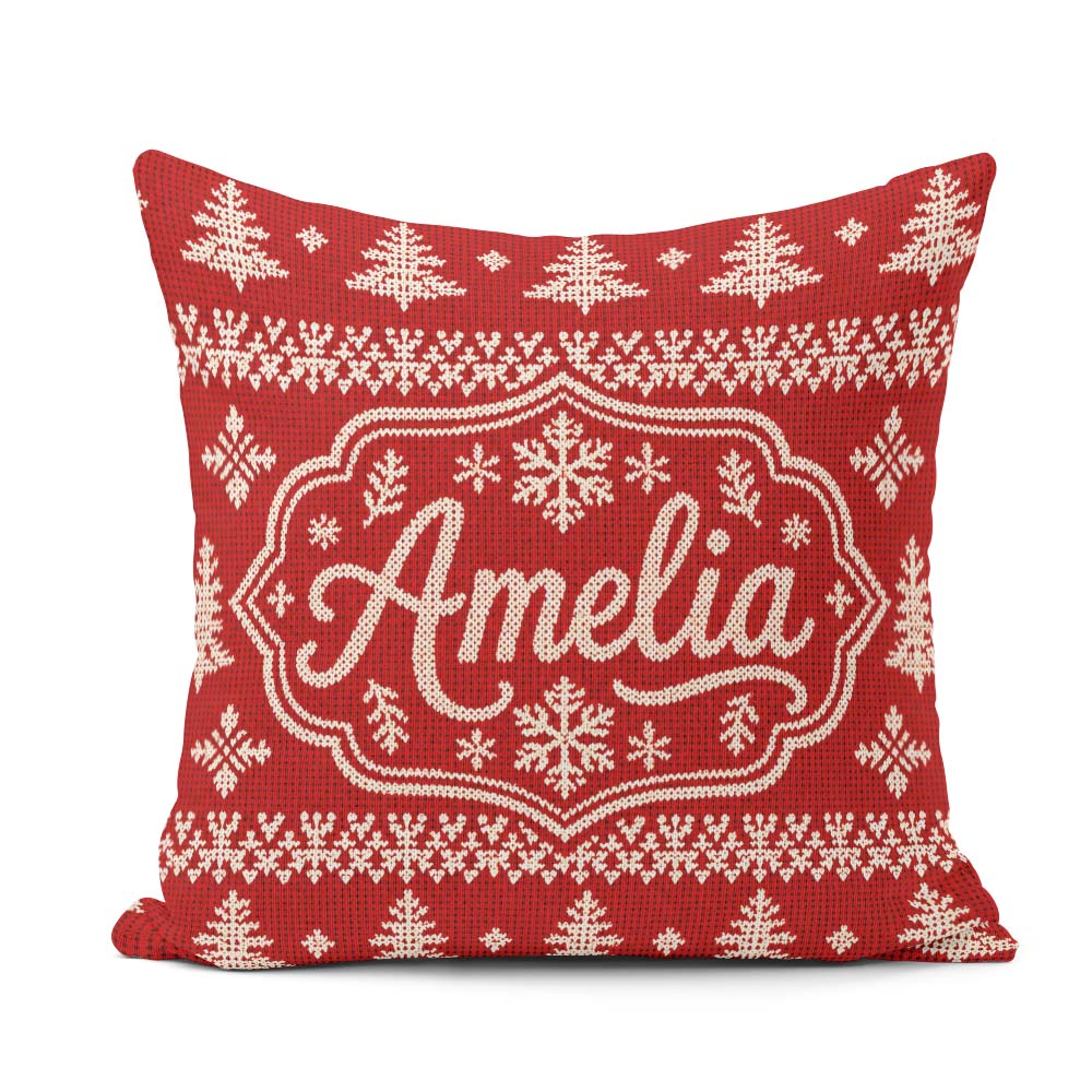 Custom Name Red Knitted Christmas Tree Snowflake Nordic Seamless Square Filled Cushion Throw Pillow Sofa Bed Home Decor Zip Washable UK Made