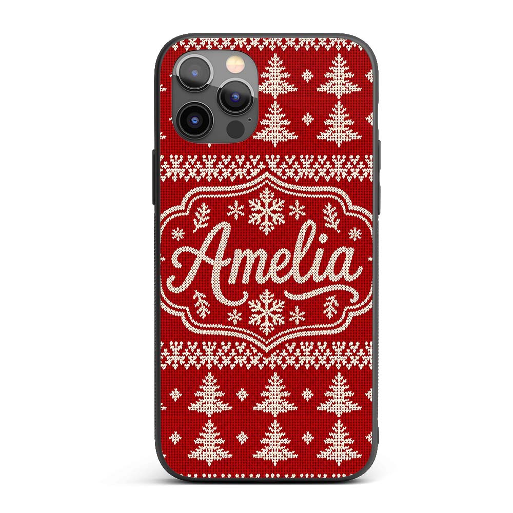 Cute Red Knitted Christmas Tree Snowflake Nordic Custom Name Protective Phone Case Mobile Cover Durable Everyday Smartphone Shock Resistant