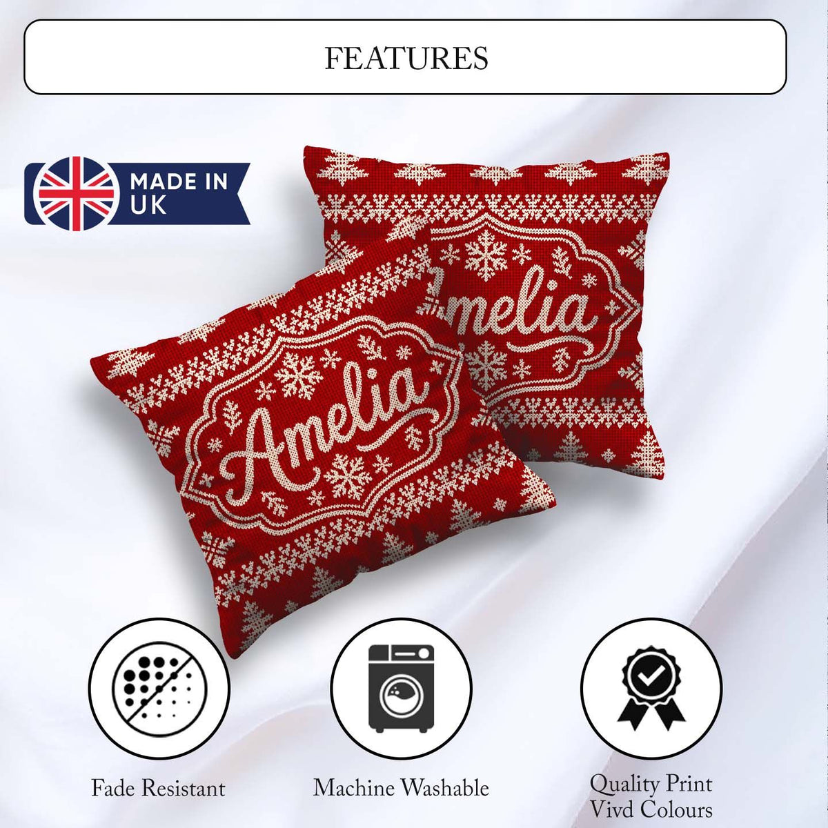 Custom Name Red Knitted Christmas Tree Snowflake Nordic Seamless Square Filled Cushion Throw Pillow Sofa Bed Home Decor Zip Washable UK Made