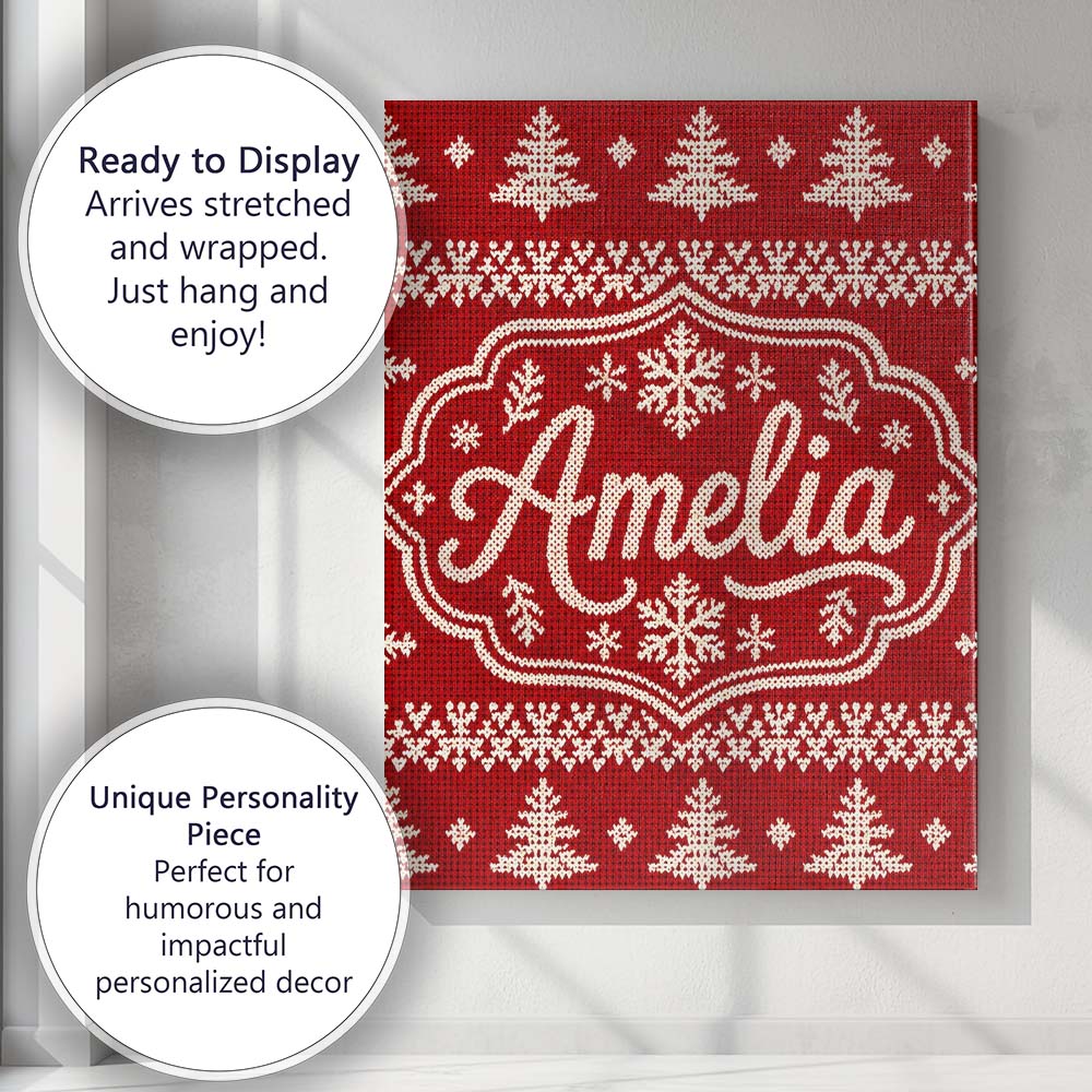 Personalised Name Cute Red Knitted Christmas Custom Bespoke  Contemporary Display Canvas Wall Art Print Decor Picture Ready to Hang