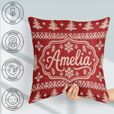 Custom Name Red Knitted Christmas Tree Snowflake Nordic Seamless Square Filled Cushion Throw Pillow Sofa Bed Home Decor Zip Washable UK Made