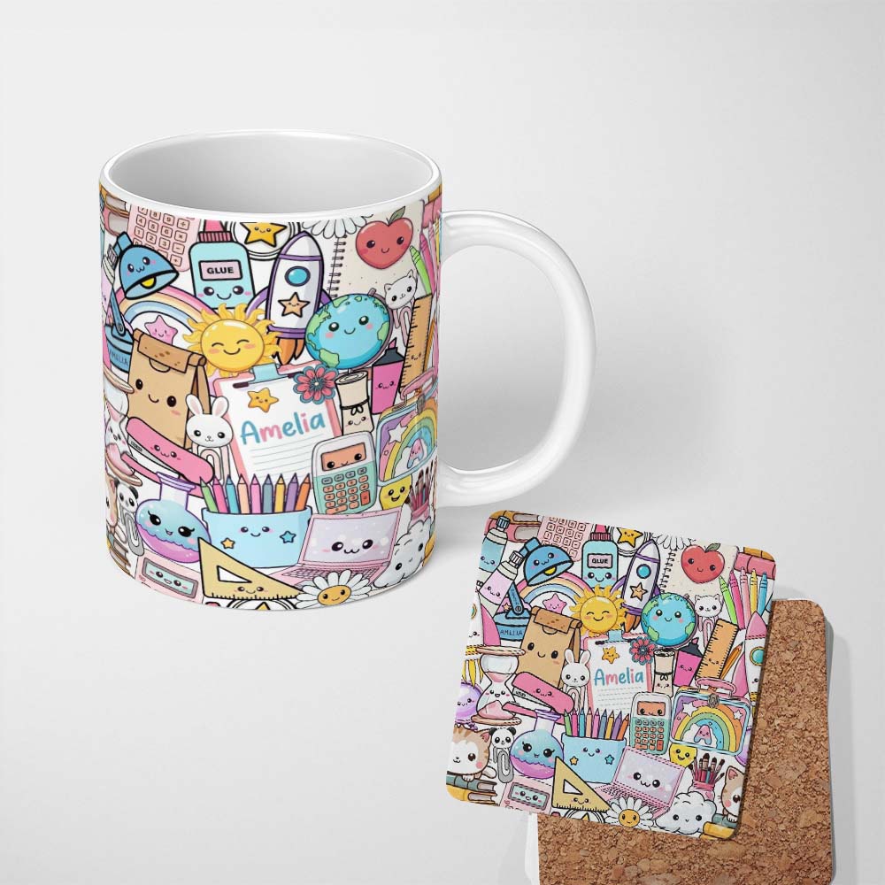 Personalized Custom Name Cute Kawaii School Supplies Science Art Cute Pattern Grey Background 11oz Ceramic Coffee Tea Mug White Large Handle