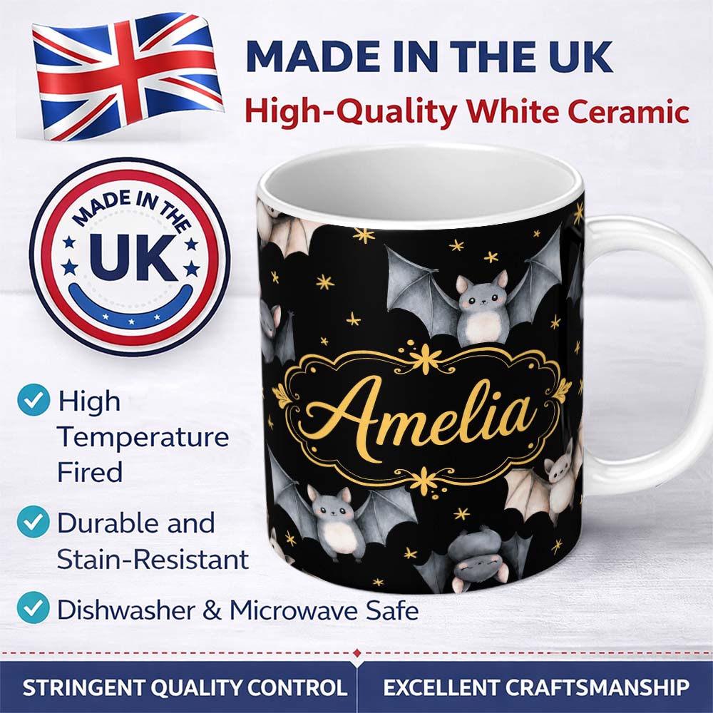 Personalized Custom Name Cute Watercolor Bats and Stars Seamless Halloween Pattern Black 11oz Ceramic Coffee Tea Mug White Large Handle