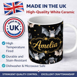 Personalized Custom Name Cute Watercolor Bats and Stars Seamless Halloween Pattern Black 11oz Ceramic Coffee Tea Mug White Large Handle
