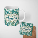 Personalized Custom Name Aqua Floral Blossom Pattern with Soft White Flowers and Green Leaves 11oz Ceramic Coffee Tea Mug White Large Handle