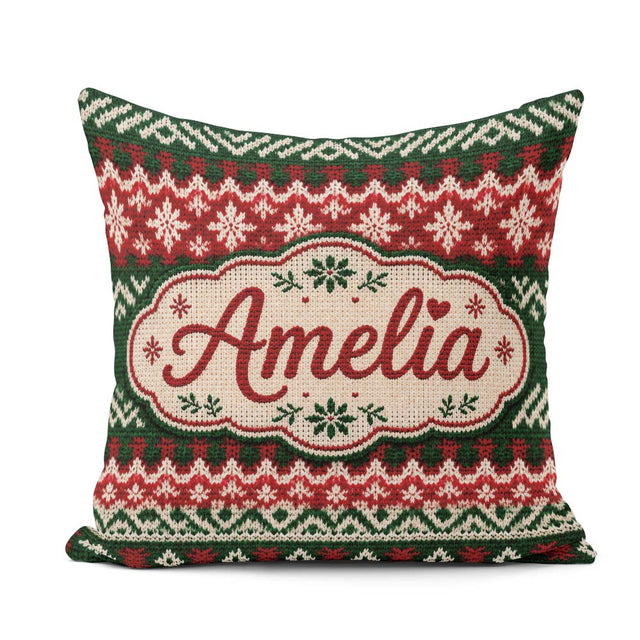 Custom Name Traditional Red White Nordic Christmas Tree Seamless Square Filled Cushion Throw Pillow Sofa Bed Home Decor Zip Washable UK Made