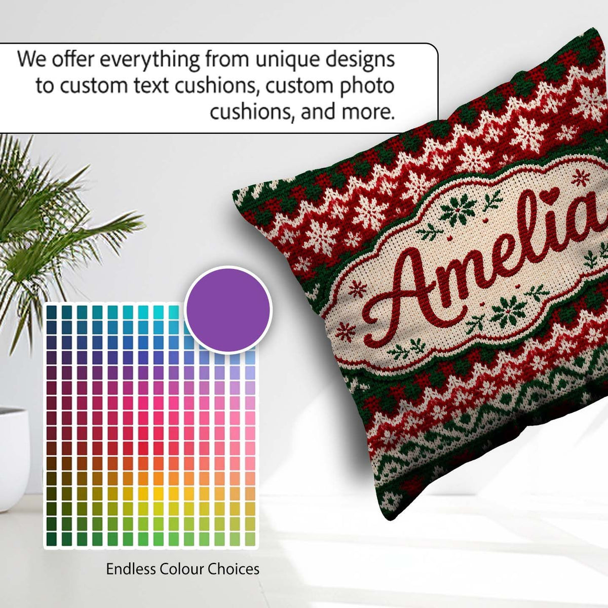 Custom Name Traditional Red White Nordic Christmas Tree Seamless Square Filled Cushion Throw Pillow Sofa Bed Home Decor Zip Washable UK Made