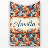 Blue Orange Baroque Floral Artistic Ornamental Decorative Design  Personalised Custom Name Super Soft Fleece Blanket Bed Sofa Throw