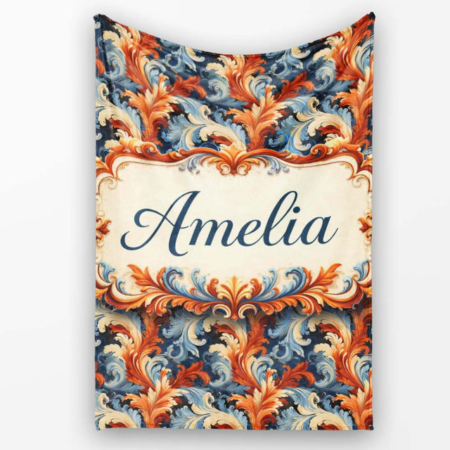 Blue Orange Baroque Floral Artistic Ornamental Decorative Design  Personalised Custom Name Super Soft Fleece Blanket Bed Sofa Throw