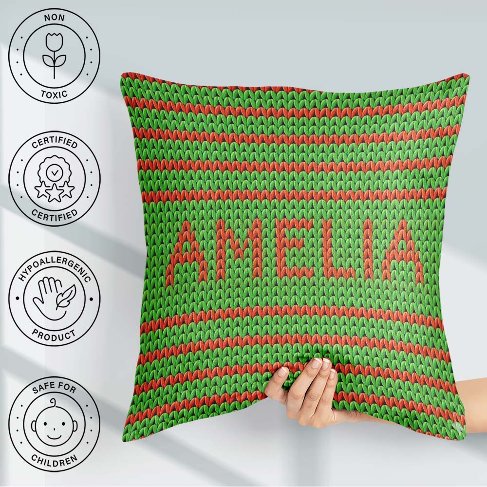 Custom Name Festive Knit Green Red White Nordic Textile Seamless Square Filled Cushion Throw Pillow Sofa Bed Home Decor Zip Washable UK Made