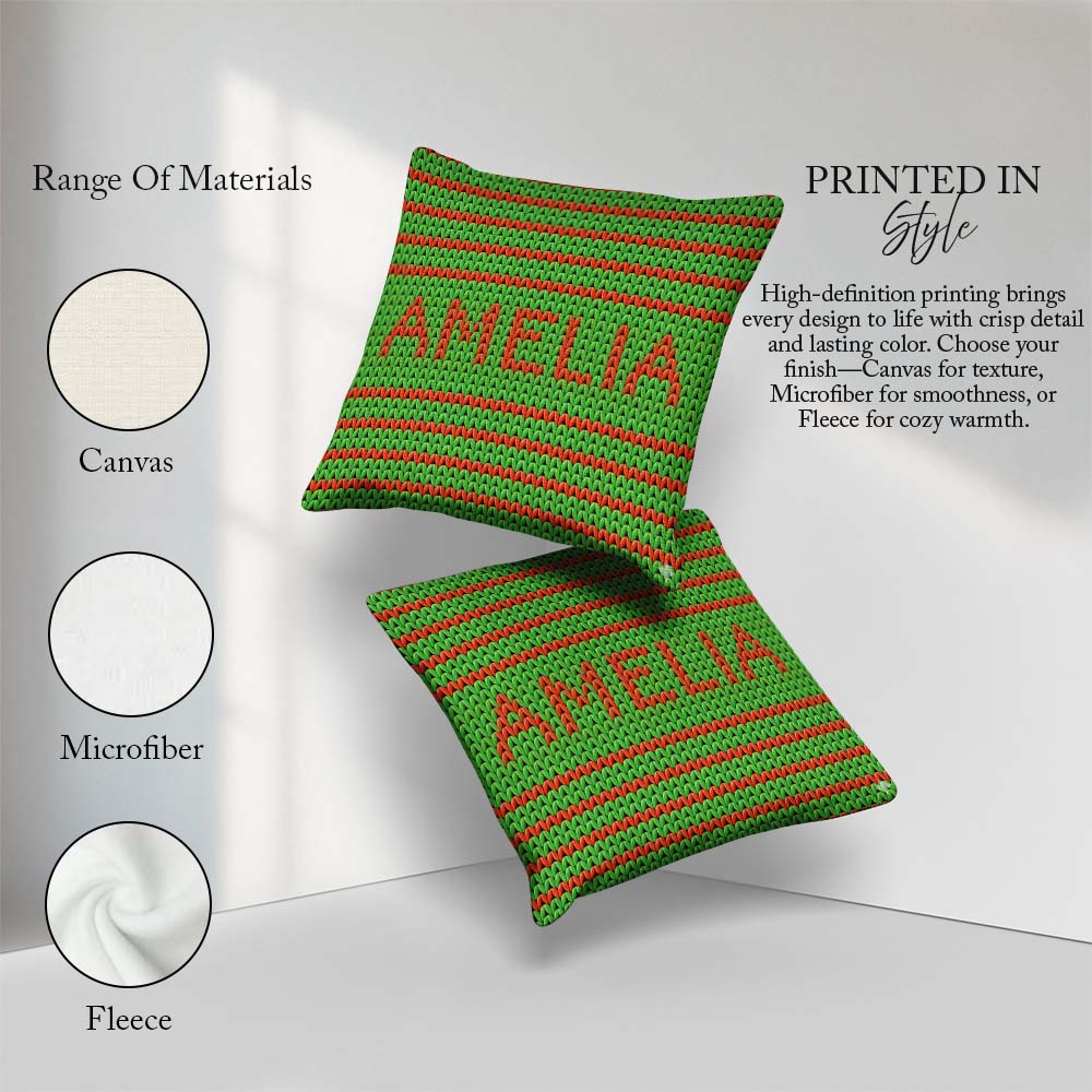 Custom Name Festive Knit Green Red White Nordic Textile Seamless Square Filled Cushion Throw Pillow Sofa Bed Home Decor Zip Washable UK Made