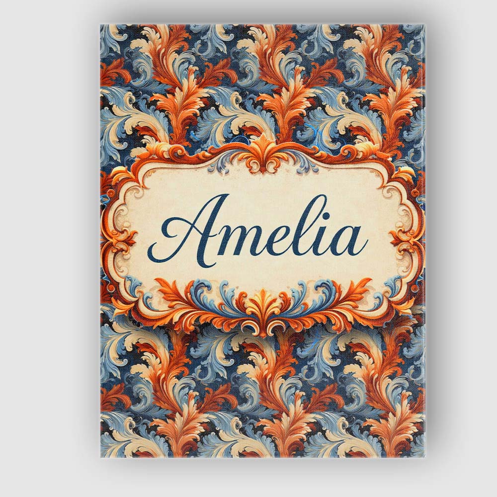 Personalised Name Blue Orange Baroque Floral Artistic Ornamental Custom  Interior Canvas Wall Art Print Decor Picture Ready to Hang