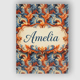 Personalised Name Blue Orange Baroque Floral Artistic Ornamental Custom  Interior Canvas Wall Art Print Decor Picture Ready to Hang