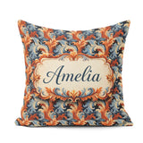 Custom Name Orange Baroque Floral Artistic Ornamental Decorative Square Filled Cushion Throw Pillow Sofa Bed Home Decor Zip Washable UK Made