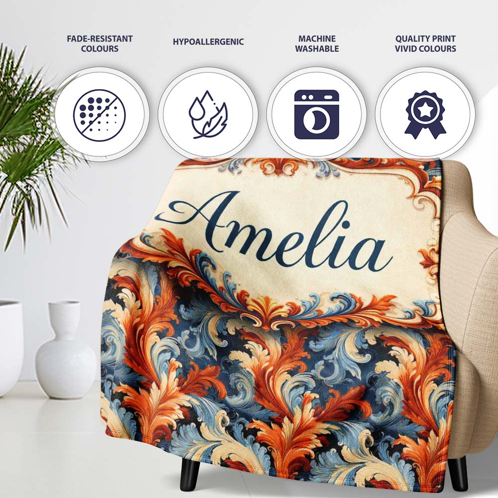 Blue Orange Baroque Floral Artistic Ornamental Decorative Design  Personalised Custom Name Super Soft Fleece Blanket Bed Sofa Throw
