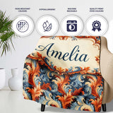 Blue Orange Baroque Floral Artistic Ornamental Decorative Design  Personalised Custom Name Super Soft Fleece Blanket Bed Sofa Throw