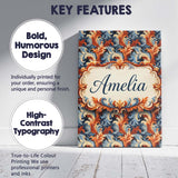Personalised Name Blue Orange Baroque Floral Artistic Ornamental Custom  Interior Canvas Wall Art Print Decor Picture Ready to Hang