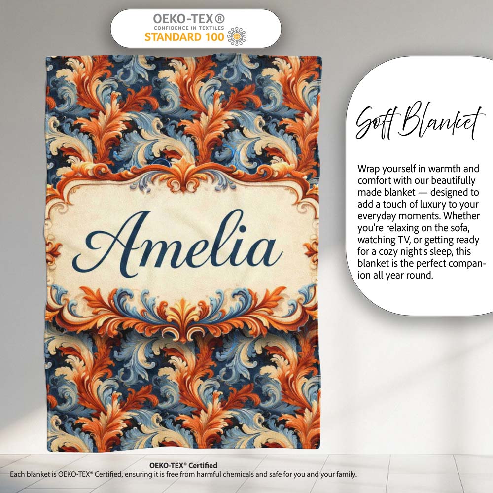 Blue Orange Baroque Floral Artistic Ornamental Decorative Design  Personalised Custom Name Super Soft Fleece Blanket Bed Sofa Throw
