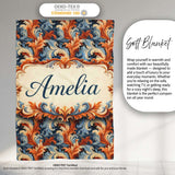 Blue Orange Baroque Floral Artistic Ornamental Decorative Design  Personalised Custom Name Super Soft Fleece Blanket Bed Sofa Throw