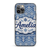 Cute Blue Knitted Winter Heart Snowflake Nordic Custom Name Protective Phone Case Mobile Cover Durable Everyday Smartphone Shock Resistant
