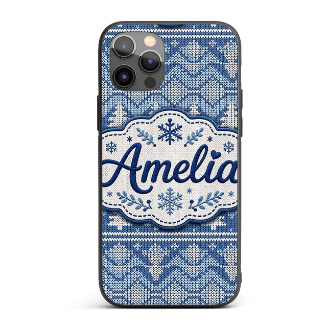 Cute Blue Knitted Winter Heart Snowflake Nordic Custom Name Protective Phone Case Mobile Cover Durable Everyday Smartphone Shock Resistant