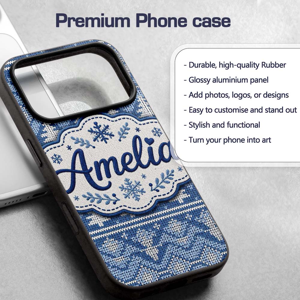 Cute Blue Knitted Winter Heart Snowflake Nordic Custom Name Protective Phone Case Mobile Cover Durable Everyday Smartphone Shock Resistant