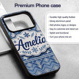 Cute Blue Knitted Winter Heart Snowflake Nordic Custom Name Protective Phone Case Mobile Cover Durable Everyday Smartphone Shock Resistant