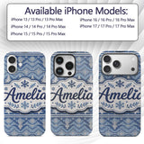 Cute Blue Knitted Winter Heart Snowflake Nordic Custom Name Protective Phone Case Mobile Cover Durable Everyday Smartphone Shock Resistant