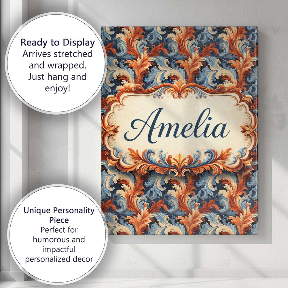 Personalised Name Blue Orange Baroque Floral Artistic Ornamental Custom  Interior Canvas Wall Art Print Decor Picture Ready to Hang