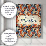 Personalised Name Blue Orange Baroque Floral Artistic Ornamental Custom  Interior Canvas Wall Art Print Decor Picture Ready to Hang