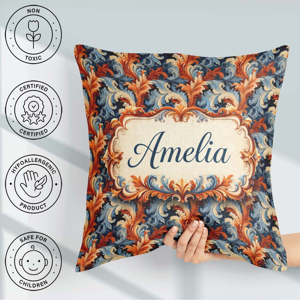 Custom Name Orange Baroque Floral Artistic Ornamental Decorative Square Filled Cushion Throw Pillow Sofa Bed Home Decor Zip Washable UK Made