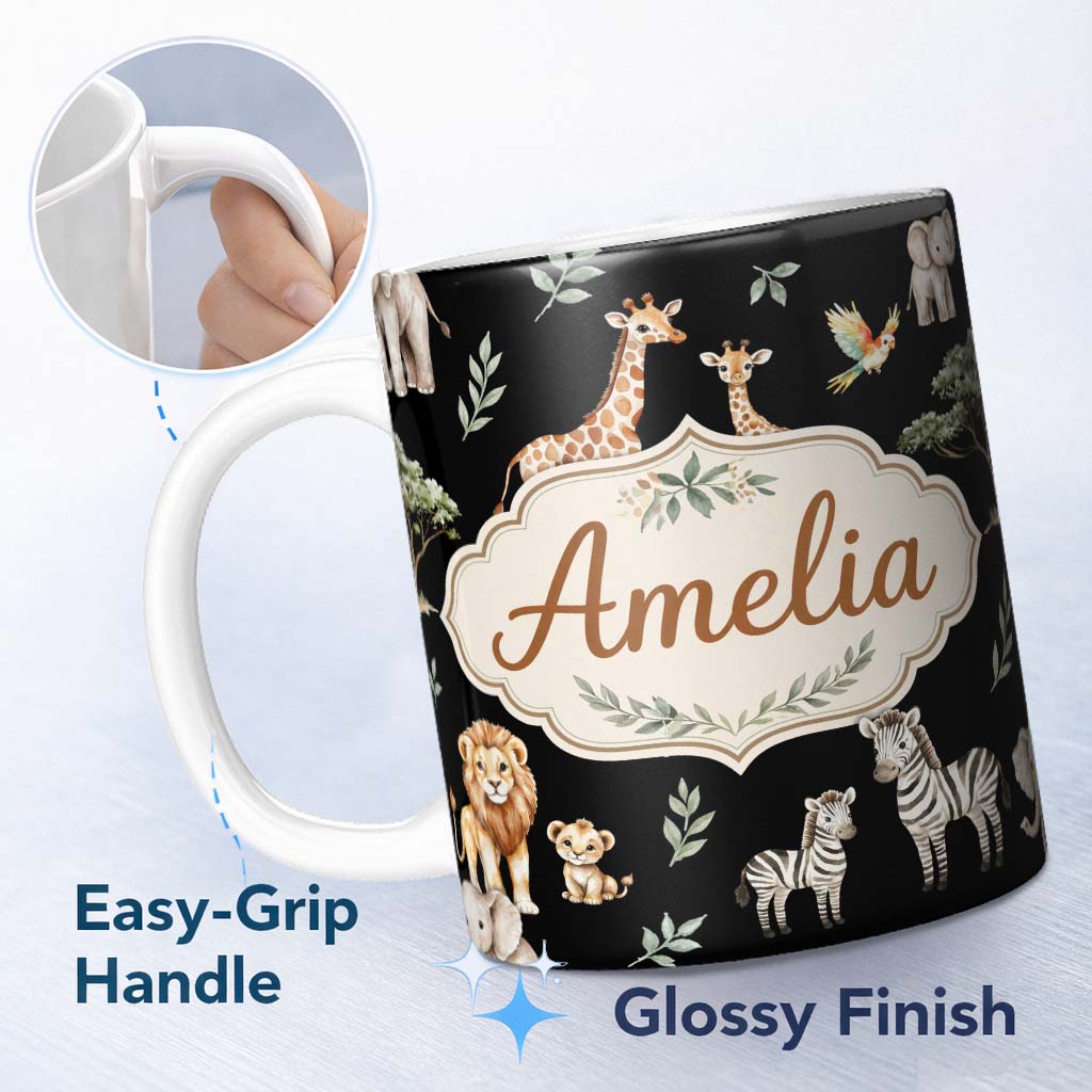 Personalized Custom Name Watercolor Safari Jungle Animals Giraffe Lion Zebra Seamless Pattern 11oz Ceramic Coffee Tea Mug White Large Handle