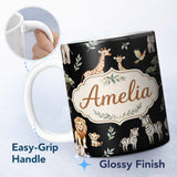 Personalized Custom Name Watercolor Safari Jungle Animals Giraffe Lion Zebra Seamless Pattern 11oz Ceramic Coffee Tea Mug White Large Handle