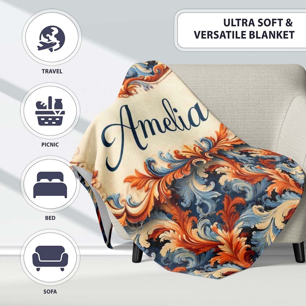 Blue Orange Baroque Floral Artistic Ornamental Decorative Design  Personalised Custom Name Super Soft Fleece Blanket Bed Sofa Throw