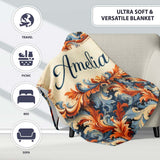 Blue Orange Baroque Floral Artistic Ornamental Decorative Design  Personalised Custom Name Super Soft Fleece Blanket Bed Sofa Throw