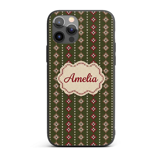 Cute Green Knitted Heart Nordic Minimal Festive Custom Name Protective Phone Case Mobile Cover Durable Everyday Smartphone Shock Resistant