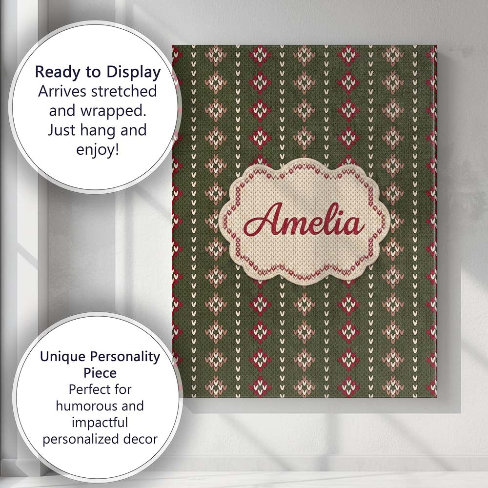 Personalised Name Cute Green Knitted Heart Custom  Unique Gift Idea Elegant Feature Canvas Wall Art Print Decor Picture Ready to Hang