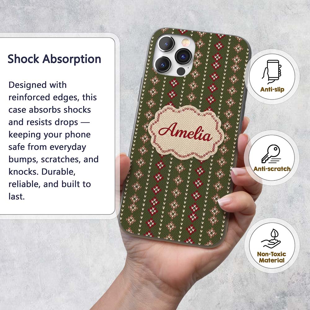 Cute Green Knitted Heart Nordic Minimal Festive Custom Name Protective Phone Case Mobile Cover Durable Everyday Smartphone Shock Resistant