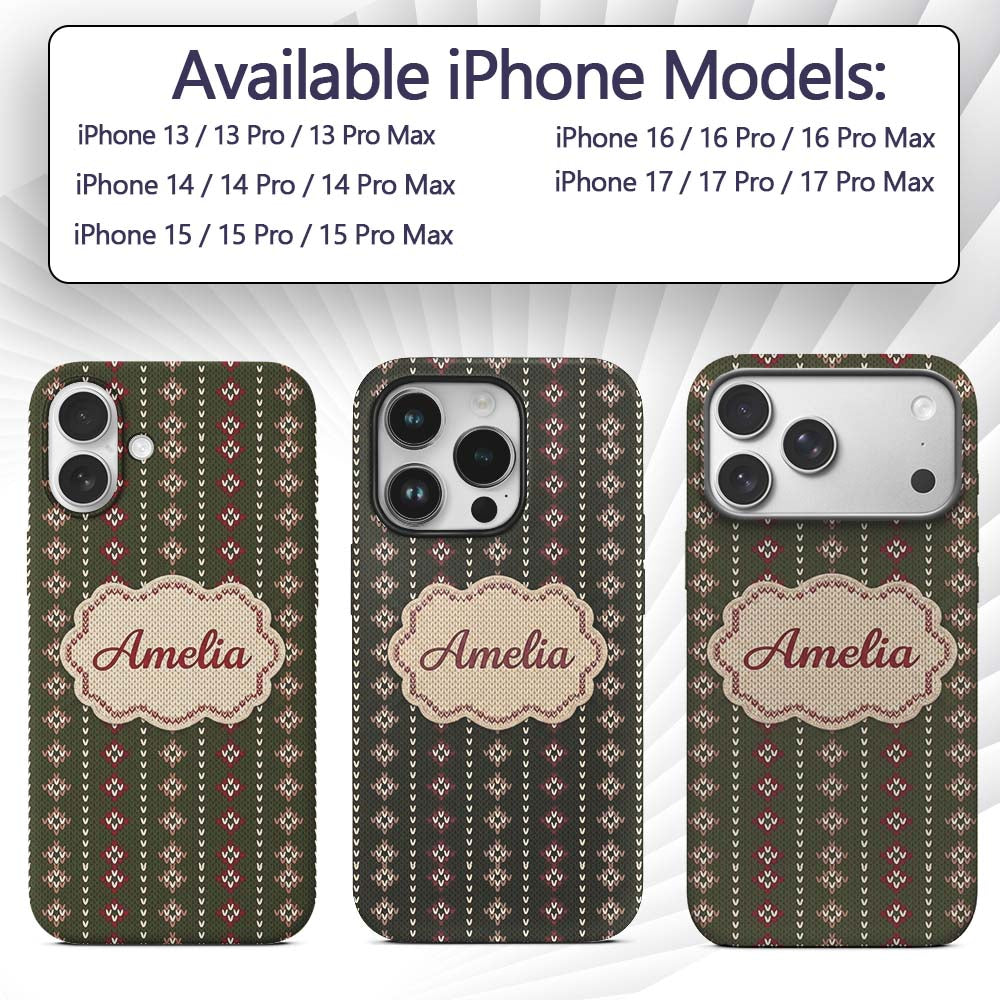 Cute Green Knitted Heart Nordic Minimal Festive Custom Name Protective Phone Case Mobile Cover Durable Everyday Smartphone Shock Resistant
