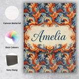 Personalised Name Blue Orange Baroque Floral Artistic Ornamental Custom  Interior Canvas Wall Art Print Decor Picture Ready to Hang