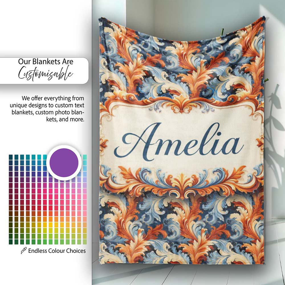 Blue Orange Baroque Floral Artistic Ornamental Decorative Design  Personalised Custom Name Super Soft Fleece Blanket Bed Sofa Throw