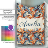 Blue Orange Baroque Floral Artistic Ornamental Decorative Design  Personalised Custom Name Super Soft Fleece Blanket Bed Sofa Throw